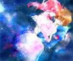  1girl brown_hair closed_eyes flay_allster gundam gundam_seed hands_on_another's_face imomushi kira_yamato long_hair pilot_suit red_hair short_hair space star_(sky) tears traditional_media watercolor_(medium) 