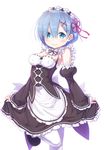  apron blue_eyes blue_hair bow breasts cleavage detached_collar detached_sleeves dress frilled_dress frills hair_ornament hair_over_one_eye looking_at_viewer maid maid_apron maid_headdress mary_janes matokechi medium_breasts pantyhose re:zero_kara_hajimeru_isekai_seikatsu rem_(re:zero) ribbon-trimmed_clothes ribbon-trimmed_sleeves ribbon_trim shoes short_hair skirt skirt_hold smile solo standing standing_on_one_leg thighhighs underbust white_background x_hair_ornament 