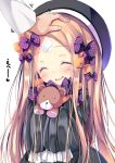  1girl :d ^_^ abigail_williams_(fate/grand_order) absurdres bangs black_dress black_hat blonde_hair blush bow closed_eyes crossed_bandaids dress eyes_closed facing_viewer fate/grand_order fate_(series) fingernails hair_bow hands_up hat head_tilt heart highres holding holding_stuffed_animal long_hair long_sleeves neko_pan open_mouth orange_bow out_of_frame parted_bangs petting polka_dot polka_dot_bow purple_bow simple_background sleeves_past_fingers sleeves_past_wrists smile solo_focus stuffed_animal stuffed_toy teddy_bear translation_request very_long_hair white_background 