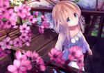  ahoge bad_id bad_pixiv_id bangs blonde_hair blue_eyes bridge cherry_blossoms collarbone dress eyebrows_visible_through_hair floral_print hair_between_eyes kagayannu long_sleeves looking_at_viewer original outdoors river riverbank short_hair_with_long_locks smile solo strapless strapless_dress tree wooden_bridge 