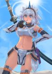 blue_eyes blue_sky breasts cleavage day desert drinking elbow_gloves from_below gloves hairband hand_on_hip highres horn kirin_(armor) large_breasts lens_flare loincloth midriff monster_hunter navel sheath sheathed silver_hair sky solo sun sweat sword tesshii_(riza4828) thighhighs weapon 