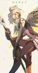  bad_id bad_pixiv_id blonde_hair breasts character_name chestnut_mouth chromatic_aberration colored_eyelashes eyelashes high_ponytail highres holding long_hair looking_away mechanical_halo mechanical_wings medium_breasts mercy_(overwatch) overwatch pantyhose ponytail reroi short_hair simple_background solo staff wings yellow_background yellow_eyes yellow_wings 