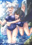  animal_ears bare_shoulders black_hair black_wings breasts collarbone fang inubashiri_momiji large_breasts looking_at_another marusan multiple_girls one-piece_swimsuit one_eye_closed open_mouth out_of_character red_eyes school_swimsuit shameimaru_aya short_hair silver_hair swimsuit tail touhou water waterfall wings wolf_ears wolf_tail 