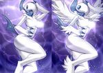  2016 absol alanscampos anthro anthrofied blue_claws blue_horn breasts butt censored claws duo female fur hair half-closed_eyes horn light long_hair mega_absol mega_evolution navel nintendo nude pok&eacute;mon pok&eacute;morph pose raised_tail red_eyes video_games white_fur white_hair wings 