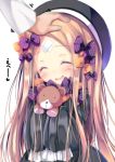  1girl :d ^_^ abigail_williams_(fate/grand_order) absurdres bangs black_dress black_hat blonde_hair blush bow closed_eyes crossed_bandaids dress eyes_closed facing_viewer fate/grand_order fate_(series) fingernails hair_bow hands_up hat head_tilt highres holding holding_stuffed_animal long_hair long_sleeves neko_pan open_mouth orange_bow out_of_frame parted_bangs petting polka_dot polka_dot_bow purple_bow simple_background sleeves_past_fingers sleeves_past_wrists smile solo_focus stuffed_animal stuffed_toy teddy_bear very_long_hair white_background 