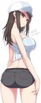  ass bare_shoulders breasts brown_eyes brown_hair crop_top dimples_of_venus from_behind girls_und_panzer hat large_breasts long_hair looking_back midriff mika_(girls_und_panzer) samegami short_shorts shorts signature simple_background sleeveless smile solo white_background 