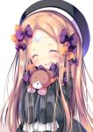  1girl :d ^_^ abigail_williams_(fate/grand_order) absurdres bangs black_dress black_hat blonde_hair blush bow closed_eyes crossed_bandaids dress eyes_closed facing_viewer fate/grand_order fate_(series) hair_bow hands_up hat head_tilt highres holding holding_stuffed_animal long_hair long_sleeves neko_pan open_mouth orange_bow parted_bangs polka_dot polka_dot_bow purple_bow simple_background sleeves_past_fingers sleeves_past_wrists smile solo stuffed_animal stuffed_toy teddy_bear very_long_hair white_background 