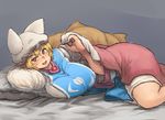  bed_sheet blonde_hair blush breasts chanta_(ayatakaoisii) come_hither dress fox_tail hat head_on_arm huge_breasts long_sleeves looking_at_viewer lying multiple_tails on_side open_mouth pillow pillow_hat plump short_hair solo tabard tail touhou yakumo_ran 