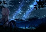  bad_id bad_pixiv_id boots diffraction_spikes from_behind grass hood hood_down hoodie kagayannu long_sleeves looking_away mountain night night_sky original outdoors reflection short_hair_with_long_locks silhouette sitting sky solo star_(sky) starry_sky 