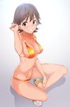  bare_shoulders bikini brown_eyes brown_hair grin groin hair_twirling highres honda_mio idolmaster idolmaster_cinderella_girls indian_style jewelry looking_at_viewer necklace no_socks q_(ed69) shadow shiny shiny_skin shoes short_hair sitting smile sneakers solo swimsuit 
