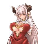  alicia_(granblue_fantasy) blush breasts cleavage cow_girl cow_horns demon_girl dress earrings erect_nipples female gloves granblue_fantasy horns huge_breasts long_hair looking_at_viewer pointy_ears rasen_ou red_eyes silver_hair simple_background solo standing succubus underboob upper_body white_background white_gloves 