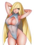  1girl blonde_hair breasts creatures_(company) curvy female game_freak gluteal_fold green_eyes hair_over_one_eye hevn highres large_breasts long_hair looking_at_viewer lusamine_(pokemon) navel nintendo one-piece_swimsuit pokemon pokemon_(game) pokemon_sm shiny shiny_skin simple_background solo swimsuit thighs very_long_hair white_background 