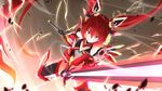  bangs black_gloves dual_wielding genderswap genderswap_(mtf) gloves hair_between_eyes highres holding holding_sword holding_weapon keikei_(kitty_colors) long_hair official_style ore_twintail_ni_narimasu purple_eyes red_hair solo sword tailred twintails weapon 