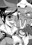  ape blush breasts clothing duo eyewear female freckles frown glasses gloves goggles gorilla greyscale human jacket male mammal monochrome one_eye_closed open_mouth overwatch primate smile sweat sweatdrop tracer_(overwatch) v_sign wink winston_(overwatch) メイトリックス 