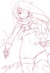  ass_visible_through_thighs cape dagger elbow_gloves eyepatch frown gloves holding holding_dagger holding_weapon johnny_funamushi kanon_(wild_arms_2) long_hair monochrome prosthesis single_elbow_glove single_glove skirt solo thighhighs weapon wild_arms wild_arms_2 zettai_ryouiki 