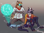  2016 black_fur canine claws clothed clothing cybernetics digital_media_(artwork) digitigrade dragon duo eyewear fur goggles green_eyes hair half-closed_eyes hammer horn hyena jeanwoof lab_coat machine male mammal paws sitting smile teeth tongue tongue_out tools white_hair wires wolf 