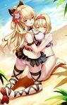  alternate_costume ankle_lace-up arm_garter arms_around_waist ass back bangs bare_legs bare_shoulders barefoot beach bikini bikini_skirt black_bow black_ribbon blonde_hair blue_bikini blush bow breast_press breasts brown_eyes cleavage closed_mouth cross-laced_footwear djeeta_(granblue_fantasy) eredhen flower frilled_bikini frills from_above full_body granblue_fantasy hair_between_eyes hair_bow hair_flower hair_ornament hairband halterneck hand_on_another's_shoulder hibiscus highres hug kneeling large_breasts leg_ribbon light_particles long_hair looking_at_viewer multiple_girls ocean outdoors parted_lips plant polka_dot polka_dot_bikini ponytail red_eyes red_flower red_footwear ribbon shade shadow shoes short_hair sitting smile stomach swimsuit vira_lilie wariza 