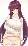  breasts brown_hair clothes_lift fate/grand_order fate_(series) highres large_breasts lifted_by_self long_hair looking_at_viewer mizunashi_kenichi no_pants panties panty_pull pussy red_eyes ribbed_sweater scathach_(fate)_(all) scathach_(fate/grand_order) shiny shiny_skin simple_background smile solo sweater sweater_lift turtleneck uncensored underwear white_background white_panties 