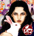  black_hair bunny closed_mouth face floral_background green_eyes jojo_no_kimyou_na_bouken lips long_hair nail_polish realistic sabano_(haldir) solo upper_body yamagishi_yukako 