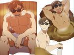  1boy arms_behind_head brown_hair eyebrows_visible_through_hair male_focus naked_towel onsen open_mouth partially_submerged sauna simple_background sitting smile soap_bottle st05254 steam sunglasses sweat tatsumi_koutarou towel towel_on_head white_background zombie_land_saga 