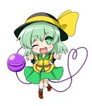  ;d black_hat black_legwear blush bow buttons chibi eyebrows eyebrows_visible_through_hair frilled_shirt_collar frills full_body green_eyes green_hair hat hat_bow honda_takaharu kneehighs komeiji_koishi leg_up looking_at_viewer lowres one_eye_closed open_mouth outstretched_arms shirt short_hair smile solo standing standing_on_one_leg third_eye touhou transparent_background yellow_bow yellow_shirt 