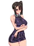  asymmetrical_bangs bangs bare_arms bare_shoulders black_dress blush bodycon breasts brown_eyes brown_hair collared_dress commentary_request covered_navel cowboy_shot curvy dress embarrassed hair_between_eyes hand_on_own_arm hand_on_own_elbow ishimiso_(ishimura) kantai_collection large_breasts latex latex_dress legs_together long_hair microdress nachi_(kantai_collection) narrow_waist panties panty_peek pink_panties shiny shiny_clothes shiny_skin sideboob simple_background skin_tight skindentation sleeveless sleeveless_dress solo underboob underwear white_background wide_hips wing_collar 