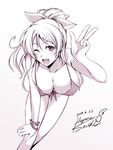  ayase_eli bikini breasts hagane_soushi large_breasts long_hair love_live! love_live!_school_idol_project monochrome one_eye_closed open_mouth ponytail scrunchie sketch smile solo swimsuit 