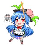  :d ankle_boots arms_up black_hat blue_hair blue_skirt blush boots bow bowtie brown_footwear chibi floating floating_object food fruit full_body hat hinanawi_tenshi holding holding_sword holding_weapon honda_takaharu keystone long_hair lowres open_mouth peach puffy_short_sleeves puffy_sleeves rainbow_order red_bow red_eyes red_neckwear shirt short_sleeves skirt smile solo sword sword_of_hisou touhou transparent_background very_long_hair weapon white_shirt 