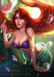  1girl absurdres ariel_(disney) bikini blue_eyes breasts bubble cleavage collarbone commentary disney english_commentary fingernails fork highres holding holding_fork islifer large_breasts lips long_hair mermaid monster_girl ocean parted_lips purple_bikini red_hair solo swimsuit the_little_mermaid underwater upper_body watermark web_address 