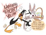  angry anthro avian basket beak big_ears bird black_feathers bugs_bunny cursing daffy_duck duck duo easter egg english_text feathers holding_object holidays lagomorph looney_tunes male mammal not-a-comedian nude rabbit simple_background text toony warner_brothers white_background 