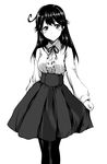 ahoge alternate_costume blush breasts buttons dress greyscale hagane_soushi kantai_collection large_breasts long_hair long_sleeves looking_at_viewer meme_attire monochrome pantyhose ribbon shirt simple_background sketch skirt solo ushio_(kantai_collection) virgin_killer_outfit 