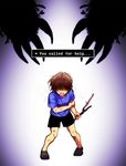  androgynous bent_over brown_hair claws english flowey_(undertale) frisk_(undertale) hair_over_eyes injury jungyun99 photoshop_flowey shaded_face shirt shorts spoilers stick t-shirt undertale 