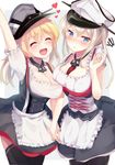  :d :o ^_^ adapted_costume apron arm_up bad_id bad_twitter_id black_legwear blonde_hair blue_eyes breast_press breasts cleavage closed_eyes corset detached_collar dirndl german_clothes graf_zeppelin_(kantai_collection) hat heart holding_hands igakusei interlocked_fingers kantai_collection large_breasts long_hair low_twintails multiple_girls open_mouth pantyhose peaked_cap prinz_eugen_(kantai_collection) smile spiral symmetrical_docking thighhighs tongue tongue_out twintails underbust waist_apron 