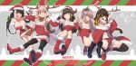  5girls absurdres animal_costume anti-rain_(girls_frontline) antlers blush boots breasts christmas christmas_tree commentary embarrassed english_text eyepatch girls_frontline gloves hand_holding happy hat heterochromia highres large_breasts m16a1_(girls_frontline) m4_sopmod_ii_(girls_frontline) m4a1_(girls_frontline) medium_breasts merry_christmas multiple_girls reindeer_antlers reindeer_costume ro635_(girls_frontline) santa_boots santa_costume santa_hat sd_bigpie small_breasts smile st_ar-15_(girls_frontline) thighhighs 