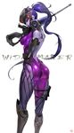  ass bodysuit boots breasts elbow_gloves from_behind gloves gun hand_on_hip head_mounted_display highres knee_boots long_hair looking_back overwatch ponytail purple_skin rifle sniper_rifle solo thighs very_long_hair visor weapon widowmaker_(overwatch) yang-do yellow_eyes 