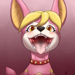  2016 ambiguous_gender black_nose blonde_hair blush cervine collar deer deerling english_text feral fur hair looking_at_viewer mammal mouth_shot nintendo nude open_mouth pink_background pink_fur pok&eacute;mon saliva shikaro signature simple_background solo teeth text tongue tongue_out video_games white_fur yellow_eyes 