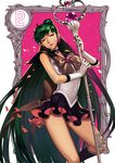  bishoujo_senshi_sailor_moon black_choker boots choker circlet dark_green_hair earrings garnet_rod gem gloves green_hair hair_bun holding holding_staff jewelry key knee_boots lipstick long_hair makeup meiou_setsuna miniskirt petals pluto_symbol purple_lipstick red_eyes ribbon sailor_pluto sailor_senshi_uniform skirt solo staff star very_long_hair white_gloves yukiusagi1983 