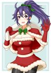  1girl :d black_legwear blue_hair bow bowtie breasts christmas cleavage dress fir fire_emblem fire_emblem:_fuuin_no_tsurugi fur_trim gloves green_bow green_ribbon hair_ribbon hand_up holding holding_sack long_hair medium_breasts miven nintendo open_mouth pom_pom_(clothes) ponytail purple_eyes red_gloves ribbon sack simple_background sleeveless sleeveless_dress smile solo strapless strapless_dress thighhighs upper_body 