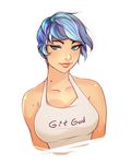  bare_shoulders blue_hair breasts cleavage green_eyes highres lips looking_at_viewer mole shirt short_hair smile solo superboin upper_body 