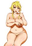  akame_ga_kill! belly blonde_hair blonde_pubic_hair breasts brown_eyes cleavage fang highres huge_breasts leone long_hair nipples nude plump pubic_hair simple_background solo sweat thick_thighs thighs tongue white_background yosyo 