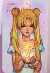  bare_shoulders beads bishoujo_senshi_sailor_moon blonde_hair breasts card_(medium) cleavage crescent dated double_bun dress facial_mark forehead_mark frown hair_beads hair_ornament long_hair looking_down photo princess_serenity qinni small_breasts solo star traditional_media tsukino_usagi twintails upper_body watermark web_address white_dress 