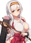  bow_(weapon) breasts collarbone fingerless_gloves gloves hairband hakama_skirt holding holding_weapon japanese_clothes kantai_collection large_breasts long_hair looking_at_viewer shoukaku_(kantai_collection) simple_background solo torn_clothes underboob upper_body weapon white_hair yamaarashi yellow_eyes 