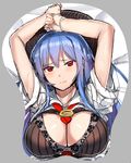  arms_up bed_sheet between_breasts black_bra blue_hair blush bra breast_mousepad breasts cleavage closed_mouth collared_shirt grey_background hinanawi_tenshi large_breasts lingerie long_hair looking_at_viewer mousepad neropaso open_clothes open_shirt pink_lips red_eyes shirt short_sleeves simple_background solo touhou underwear upper_body white_shirt wing_collar 