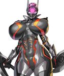  armor breasts breasts_apart brunhild_(taimanin_asagi_battle_arena) cowboy_shot cropped_legs curvy dual_wielding female full_armor holding holding_weapon huge_breasts lilith-soft obui shiny shiny_clothes simple_background solo standing taimanin_asagi_battle_arena weapon white_background 