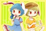  :o :t animal_ears beret blue_dress blue_eyes blush brown_hat bunny_ears character_name chibi collarbone dango dress earrings eyebrows eyebrows_visible_through_hair floppy_ears food hat holding holding_food jewelry looking_at_viewer low_ponytail multiple_girls orange_shirt puffy_short_sleeves puffy_sleeves red_eyes ringo_(touhou) sanshoku_dango seiran_(touhou) shirt short_hair short_sleeves shorts sitting striped striped_background touhou vertical-striped_background vertical-striped_shorts vertical_stripes wagashi wavy_mouth yamabuki_(yusuraume) 