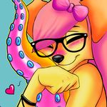  &lt;3 5_fingers anthro armband baronessa black_nose blue_background blush bow_tie bust_portrait canine cheek_tuft dog eyebrows eyelashes eyes_closed eyewear female floppy_ears fur glasses hair hug long_hair mammal misa_(neonyx) nude pink_hair portrait simple_background smile solo tentacles tuft yellow_fur 