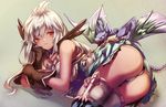  arm_support armor ass bangs bare_shoulders black_gloves boots closed_mouth creature dark_skin dragon eredhen eyelashes gloves granblue_fantasy hair_between_eyes hand_on_own_arm hand_on_own_cheek light_smile long_hair looking_at_viewer looking_to_the_side lying on_side panties pantyshot pantyshot_(lying) red_eyes silver_hair simple_background skin_tight thigh_boots thighhighs underwear white_hair white_legwear zooey_(granblue_fantasy) 