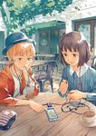  absurdres blonde_hair blue_eyes brown_eyes brown_hair cable cafe case cellphone chair chin_rest coaster collarbone cup drink drinking_straw earbuds earphones earphones_removed glass hat highres holding hood hooded_jacket jacket jewelry katou_akatsuki multiple_girls necklace open_clothes open_jacket original outdoors parted_lips phone pointing saucer shirt short_hair single_earphone_removed smartphone smile star striped table teacup tree unzipped white_shirt zipper 