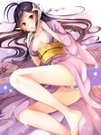  bad_id bad_pixiv_id bare_legs barefoot black_hair blush breasts breasts_apart earrings hair_ornament highres japanese_clothes jewelry katori_(pso2) kimono large_breasts long_hair looking_at_viewer lying mole mole_under_eye on_side open_clothes open_kimono panties pantyshot phantasy_star phantasy_star_online_2 pointy_ears red_eyes solo underwear yoshida_iyo 