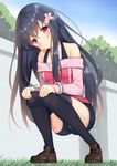  bare_shoulders black_hair black_legwear blush breasts hair_ornament loafers long_hair looking_at_viewer off-shoulder_shirt original red_eyes shirt shoes shorts small_breasts smile solo squatting thighhighs yappen 